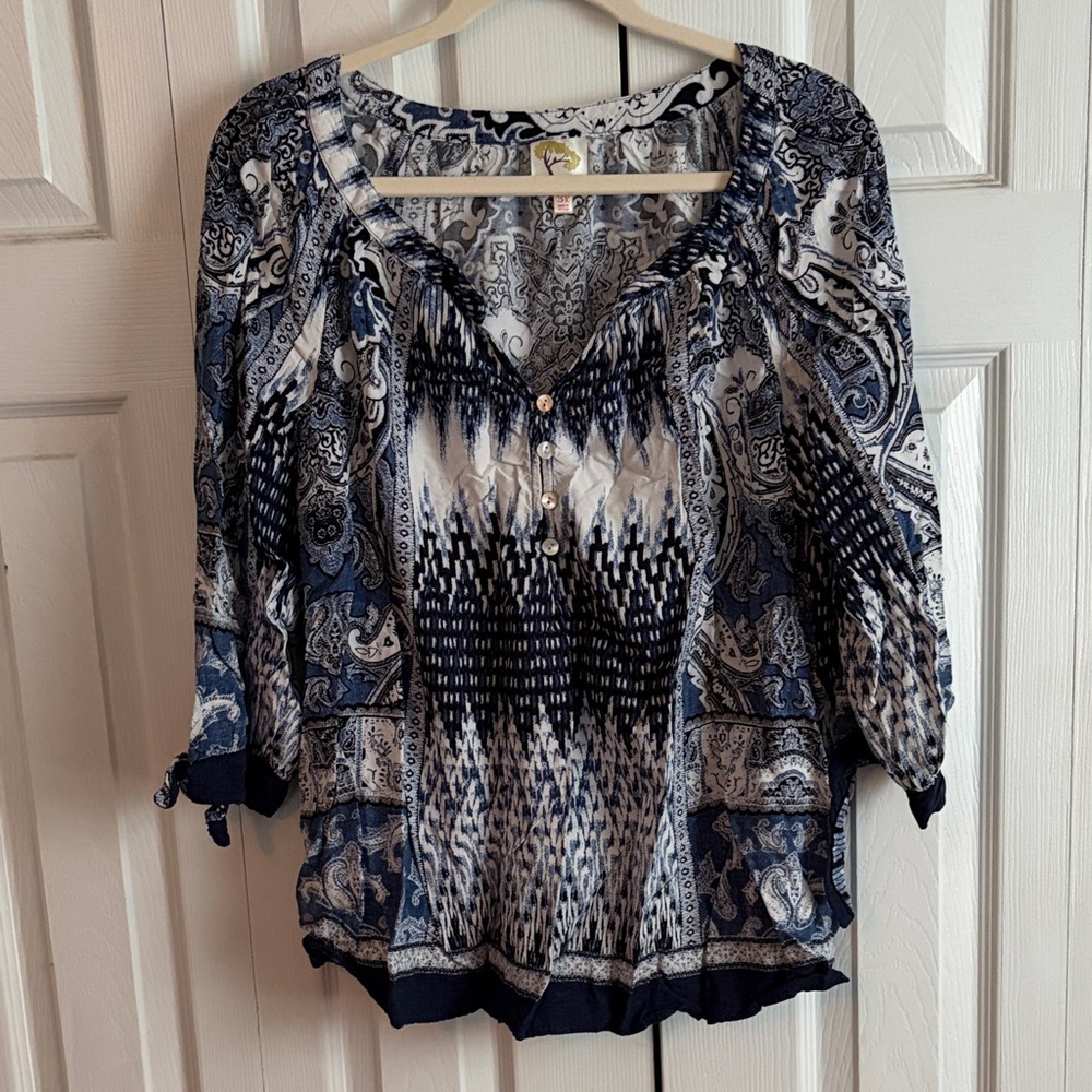 fig and flower Blue and White Paisley Peasant Blouse